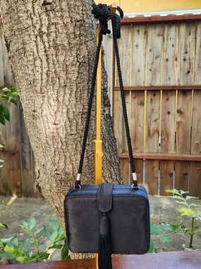 Vintage Jessica McClintock Black Satin Tassel Box Clutch Crossbody Bag